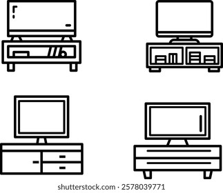 TV cabinet set icon, for family room, furniture, interiors house, black outline, art illustration 