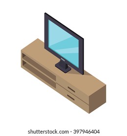 TV and cabinet under. Isometric design. Television on modern furniture cabinet isolated white bakcground, flat screen watching tv icon, 3d isometric interior furniture for plasma. Vector illustration