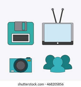 tv camera diskette connect communicaitons social network icon. colorful illustration