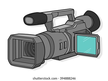 TV Camera, a hand drawn vector illustration of a TV camera for professional broadcast use, with shadow backdrop (editable).