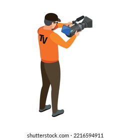 Tv cameraman with professional camera on white background 3d isometric vector illustration