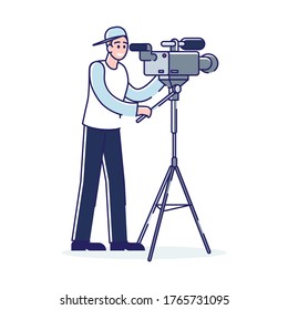 Tv cameraman shooting with professional camera looking through camcorder on tripod. Cartoon video operator filming broadcast. Film making backstage concept. Linear vector illustration