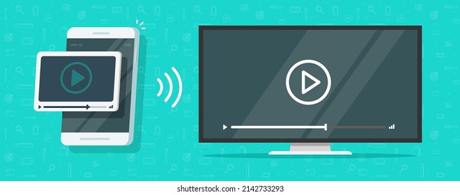 Tv to cell phone streaming video movie service vector or mobile cellphone smartphone screen mirror cast connected to television movie flat illustration, transmission and broadcast smart technology