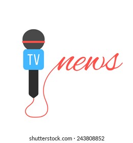 tv channel microphone with news lettering. concept of journalism, live news, interview and breaking news. isolated on white background. flat style trendy modern logotype design vector illustration