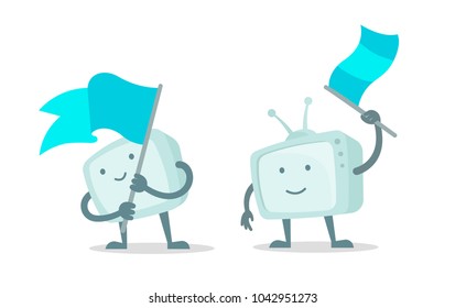 TV character show with with flag set. Character waving a flag. With a smile of face, hands and feet. Flat color vector illustration stock.