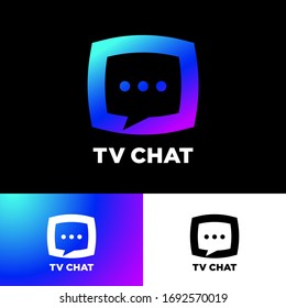 Logo del chat de TV. emblema de chat. Burbuja cómica charla como pantalla de TV con cartas en diferentes orígenes. 