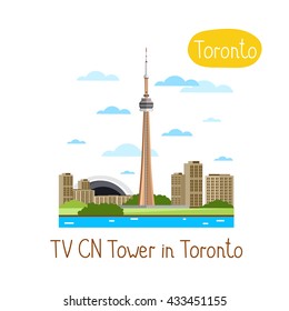 TV CN Tower in Toronto. Famous world landmarks icon concept. Journey around the world. Tourism and vacation theme. Modern design flat vector illustration.