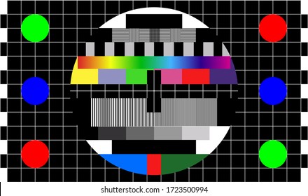 TV Colour Bars Test Card Screen. SMPTE Television Color Test Calibration Bars. Test Card. SMPTE Color Bars. Graphic For Footage Video.
