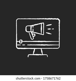 TV commercial chalk white icon on black background. Marketing promotion. Video production. Digital advertisement content. Television advert streaming. Isolated vector chalkboard illustration