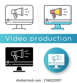 TV commercial icon. Marketing promotion. Video production. Digital advertisement content. Television advert streaming. Linear black and RGB color styles. Isolated vector illustrations