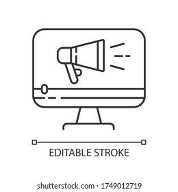 TV kommerzielle Pixel perfekte Linearsymbol. Marketingförderung. Videoproduktion. Dünne, anpassbare Illustration. Contour-Symbol. Vektor-einzelne Rahmenzeichnung. Bearbeitbarer Hub