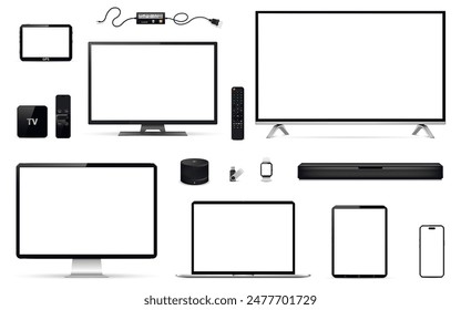 TV, computer, laptop, tablet, phone, watch, smart speaker, sound bar, usb flash drive, gps navigation device, tv set-top box and remote control.