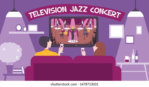 Tv concert show composition with television jazz concept headline and romantic setting vector illustration