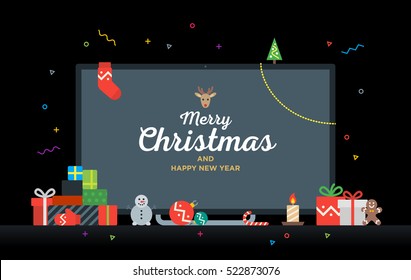 TV With Congratulatory Text Merry Christmas And Happy New Year With Gifts, Presents, Bauble, Candy. Modern Geek Christmas Card. Material Design Vector Illustration