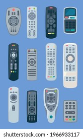 Controladores de televisión. Aparatos de reproducción remota para electrodomésticos controladores electrónicos para ilustraciones de dibujos animados vectoriales chillones técnicos