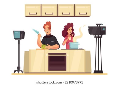 Tv Cookery Show Cartoon Composition With Two Presenters Cooking In Studio Vector Illustration