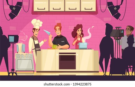 TV Cooking Show Contest Cartoon Composition With Participants Making Soep Salad Chef Camera Operators Host Vector Illustration