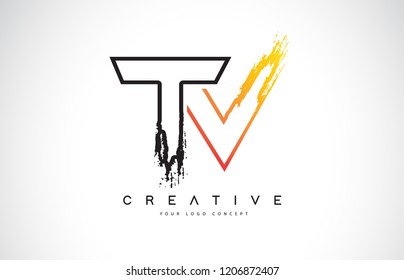 TV Creative Modern Logo Design Vetor with Orange and Black Colors. Monogram Stroke Letter Design.