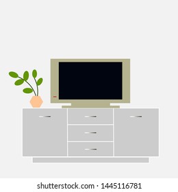 TV with a dark screen is on the gray  drawer. Nearby is a houseplant. Pastel shades. Flash interior design illustration.