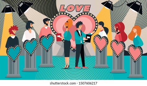 TV Dating Game Show. Cartoon Host Ask Question Contestant Answer. Man Bachelor Single Woman Participant. Love at First Sight. Romantic Date, Marriage, Relationship. Television Gameshow