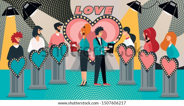TV\
Dating Game Show. Cartoon Host Ask Question Contestant Answer. Man\
Bachelor Single Woman Participant. Love at First Sight. Romantic\
Date, Marriage, Relationship. Television\
Gameshow
