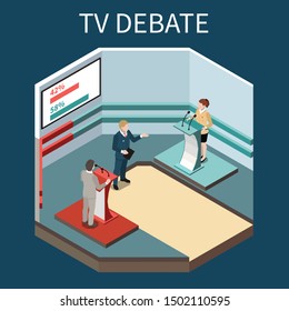 TV debate isometric background with tv presenter two political competitors at tribunes and screen with rating vector Illustration