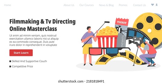 Dirección de televisión y producción de películas, masterclass online y lecciones con especialistas. Camaraña y carrete. Conceptos básicos de la industria cinematográfica para hacer películas y películas. Vector de estilo plano, web