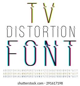 Tv distortion thin font, three version with color aberration. Vector