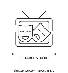TV drama linear icon. Theatrical performance translation on display. Comedy acting. Thin line customizable illustration. Contour symbol. Vector isolated outline drawing. Editable stroke