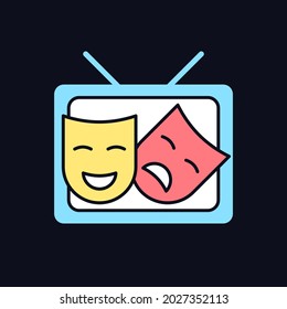 TV drama RGB color icon for dark theme. Theatrical performance translation on display. Comedy acting. Isolated vector illustration on night mode background. Simple filled line drawing on black