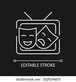 TV drama white linear icon for dark theme. Theatrical performance translation on display. Thin line customizable illustration. Isolated vector contour symbol for night mode. Editable stroke