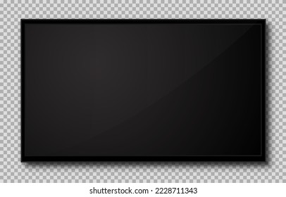 TV with empty black screen. Empty TV frame with shadow isolated on transparent background. Modern stylish lcd monitor, led type. Blank television template – stock vector