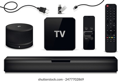 Equipo de TV: decodificador, barra de sonido, altavoz inteligente, control remoto y unidad flash usb