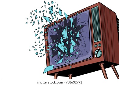 TV explodes, broken screen. Pop art retro vector illustration