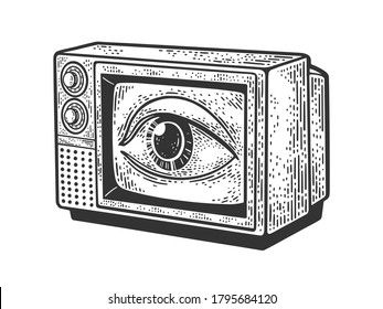 TV with an eye on the screen sketch engraving vector illustration. T-shirt apparel print design. Scratch board imitation. Black and white hand drawn image.