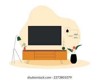 TV en la habitación familiar, armario para colocar plantas ornamentales, estante como lugar para coleccionables, grandes ollas y lámparas en los lados derecho e izquierdo, ilustraciones de interiores y vectores de muebles.