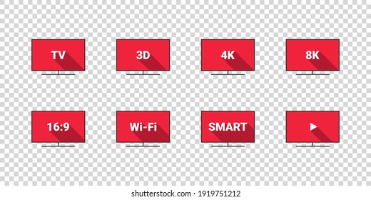TV features: 3D, 4K, 8K, 16:9, Wi-Fi. Flat style. TV icons vector set. Vector Illustration