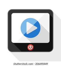 TV flat icon with play button and long shadow on white background
