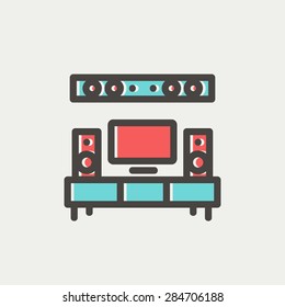 TV flat screen and home theater icon thin line for web and mobile, modern minimalistic flat design. Vector icon with dark grey outline and offset colour on light grey background.