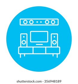 TV flat screen and home theater line icon for web, mobile and infographics. Vector white icon on the light blue circle isolated on white background.