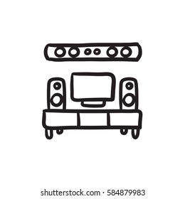 Icono de esbozo de pantalla plana de TV y vectores de cine en casa aislado en segundo plano. Pantalla plana dibujada a mano e icono del cine en casa. Icono de boceto de pantalla plana y cine en casa para infografía, sitio web o aplicación.