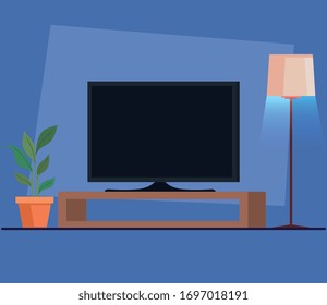 Fernseher mit Flachbildschirm auf Holzdraht Vektorillustration, Design