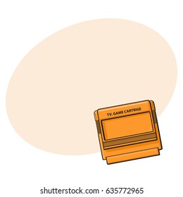 TV game cartridge in plastic orange case from 90s, sketch style, hand drawn illustration with space for text. Realistic hand drawn, sketch style retro, vintage TV game cartridge