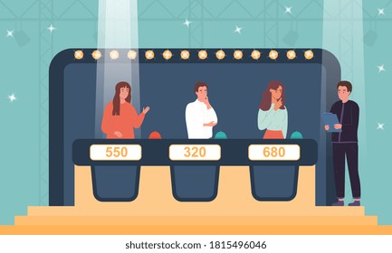 TV game show with host and three contestants answering questions or solving puzzles, standing at consoles below lights, colored vector illustration