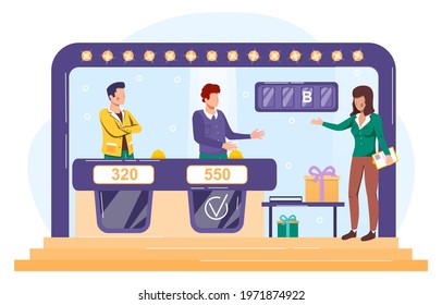 TV game show with two participants answering questions or solving puzzles and host. Flat cartoon vector illustration concept design online banner. Isolated on white background.