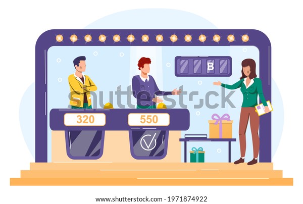 TV game show
with two participants answering questions or solving puzzles and
host. Flat cartoon vector illustration concept design online
banner. Isolated on white
background.