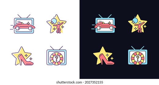 TV genres light and dark theme RGB color icons set. Car racing broadcast. Dancing competition. Fashion program. Isolated vector illustrations on white and black space. Simple filled line drawings pack