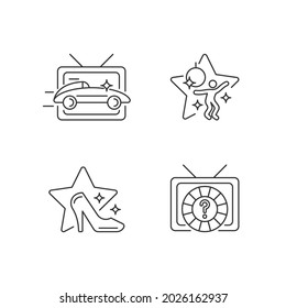 TV Genres Linear Icons Set. Car Racing Broadcast. Dancing Competition. Game Show. Television Series. Customizable Thin Line Symbols. Isolated Vector Outline Illustrations. Editable Stroke