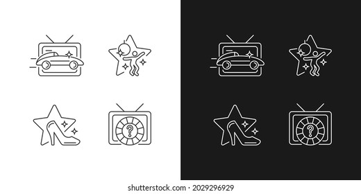 TV genres linear icons set for dark and light mode. Car racing broadcast. Dancing competition. Customizable thin line symbols. Isolated vector outline illustrations. Editable stroke