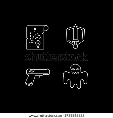 TV genres white linear icons set for dark theme. Movie and film categories. Horror and history. Night mode customizable thin line symbols. Isolated vector outline illustrations. Editable stroke